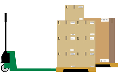 En handtruck som kör paket.